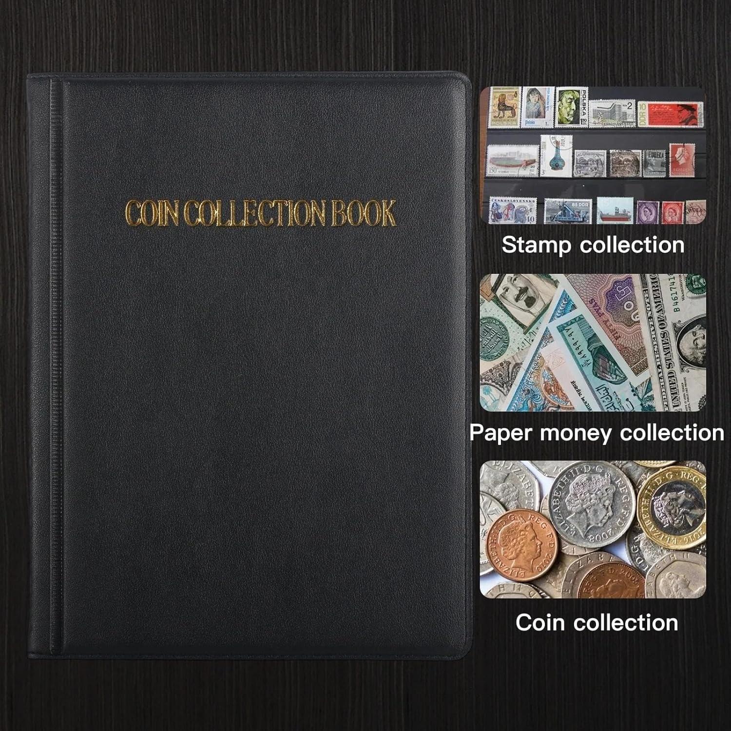 Coin Collection Album, Large Capacity Coin Currency Holder, 2-In-1 Stamp Bill Book, Coin Storage Album for Bills, Pennies, 25 Cent Coins