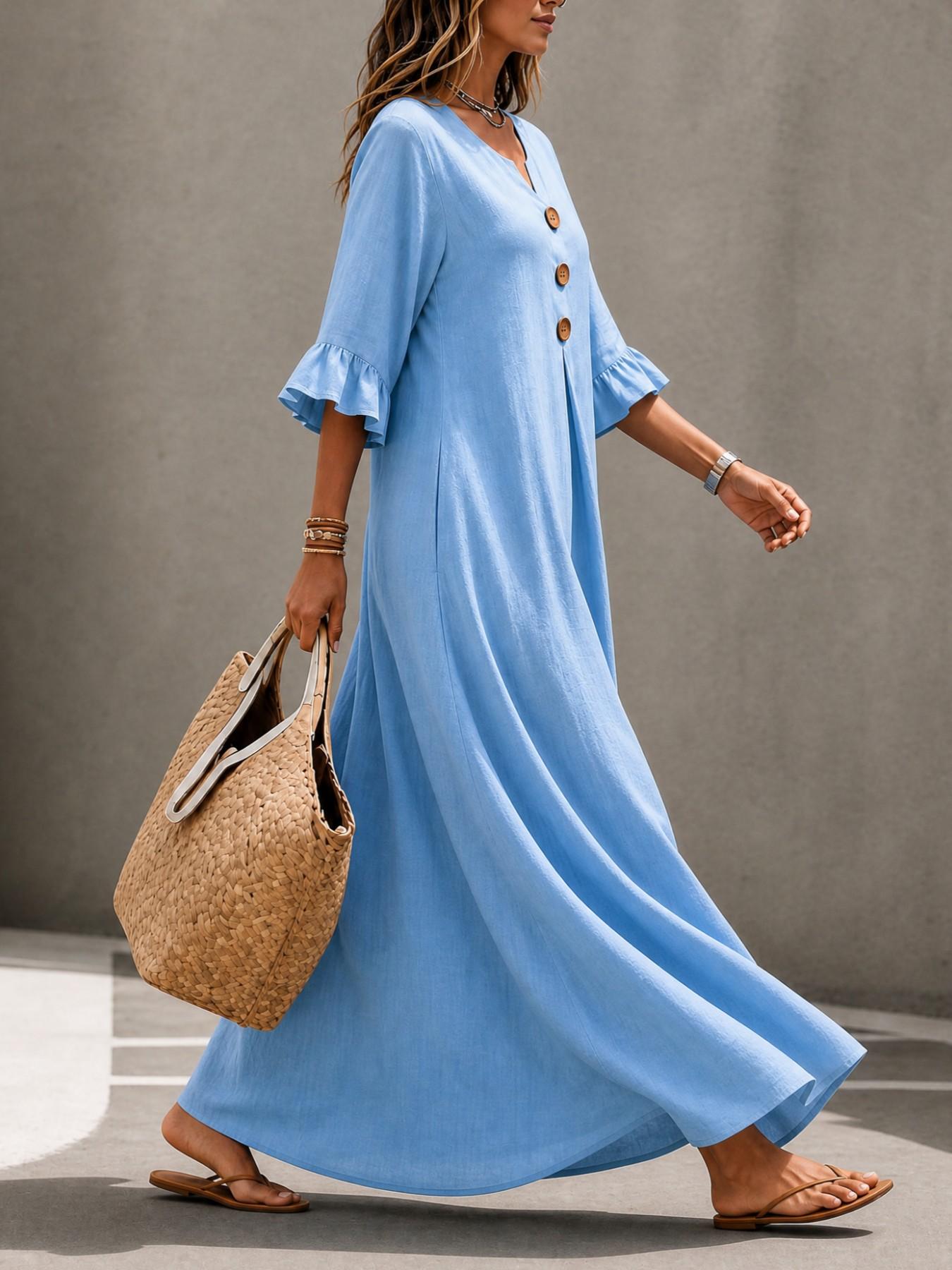 Women's Boho Aesthetic Style Solid V-Neck Dress with Wooden Buttons and Ruffle Sleeves, Loose-Fit A-Line Skirt, Fall & Winter Casual Wear
