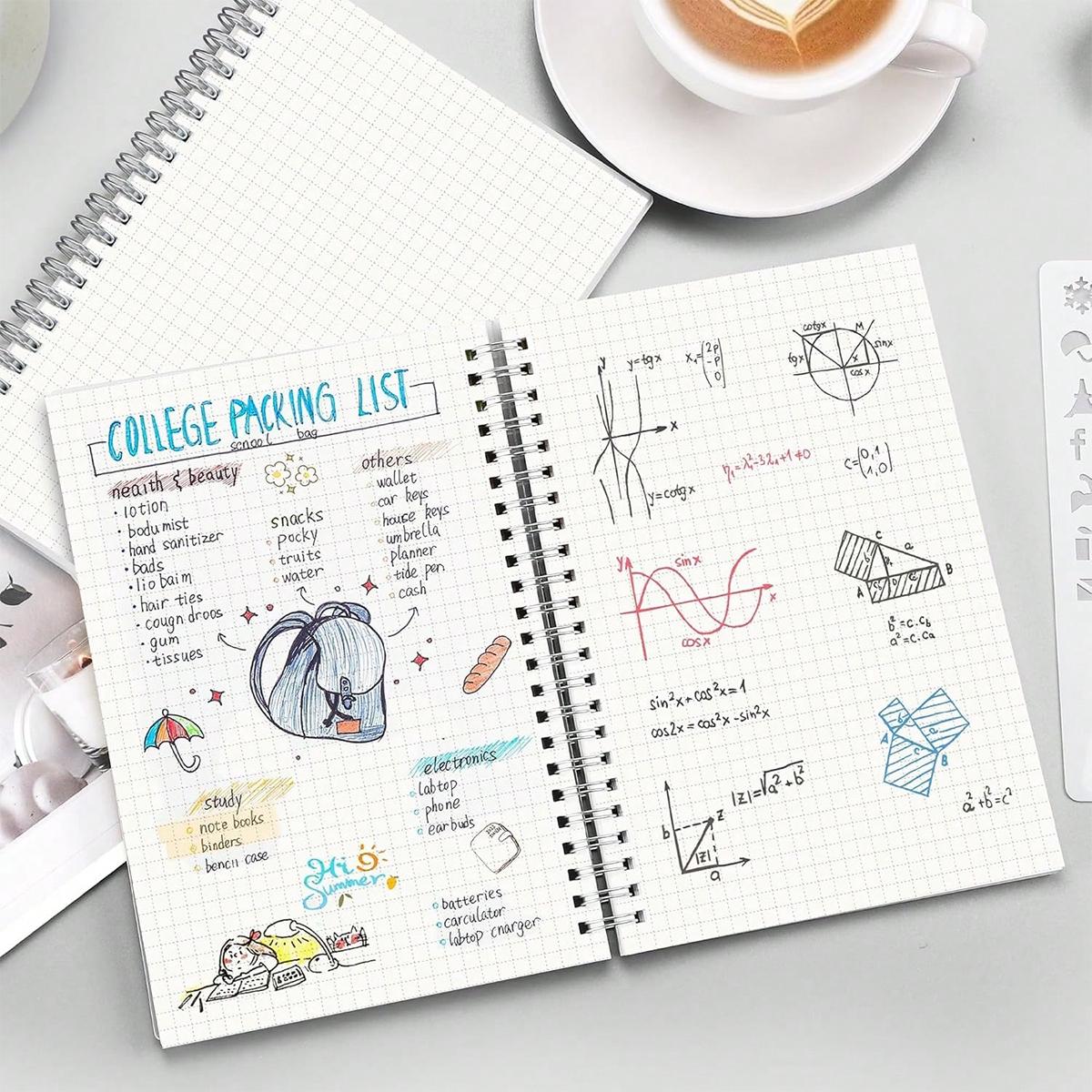 Spiral Grid Notebook, 1-Pack/4-Pack, Transparent Cover, 80 Sheets Graph Paper, Twin-Wire Binding, 180° Lay-Flat, Thick Smooth Pages for Math Notes, Planning and Journaling, Back-to-School Supplies, Spiral Notebooks for Work