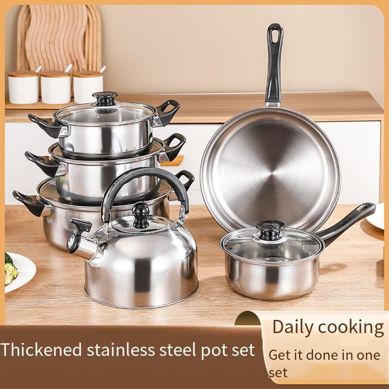 6pc Stainless Steel Multi-Function Cookware Set, Durable Easy Clean Non-Stick Pot, Soup Pot, Milk Pot, Fry Pan, Water Kettle Suitable for restaurant and home kitchens