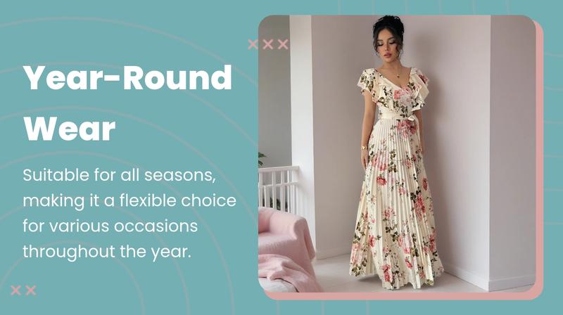 Women's V Neck Floral Print Elegant Folded Long Dress, High Tie-waist Slim Fit A-Line Party Dresses, With Ruffled Short Sleeves, Elegant and Romantic Women's Dresses, Floral Pattern Dress