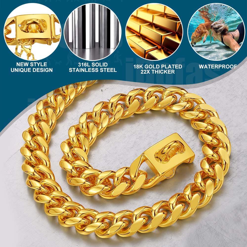 Cuban Link Dog Collar Gold Dog Collar 16mm Dog Chain Collars with Snap Buckle 18K Gold Miami Stainless Steel Metal Collars for Puppy Small Medium Large Dogs with Dog tag & Bell