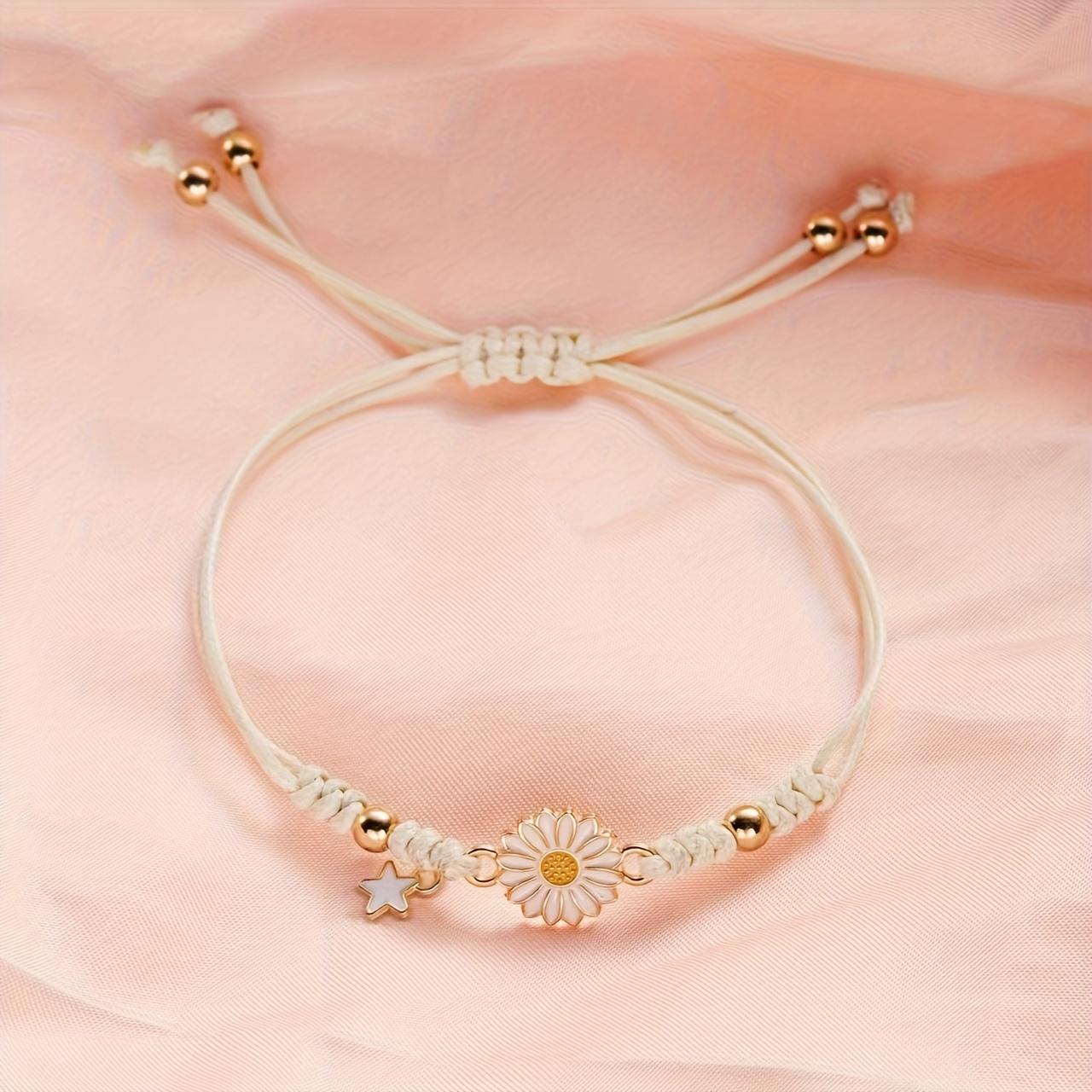 Sunflower & Star Wish Bracelet  Handwoven White Cord with Golden Sunflower Pendant, Meaningful Friendship Bracelet & Inspirational Gift for Best Friend, Sister or Girlfriend