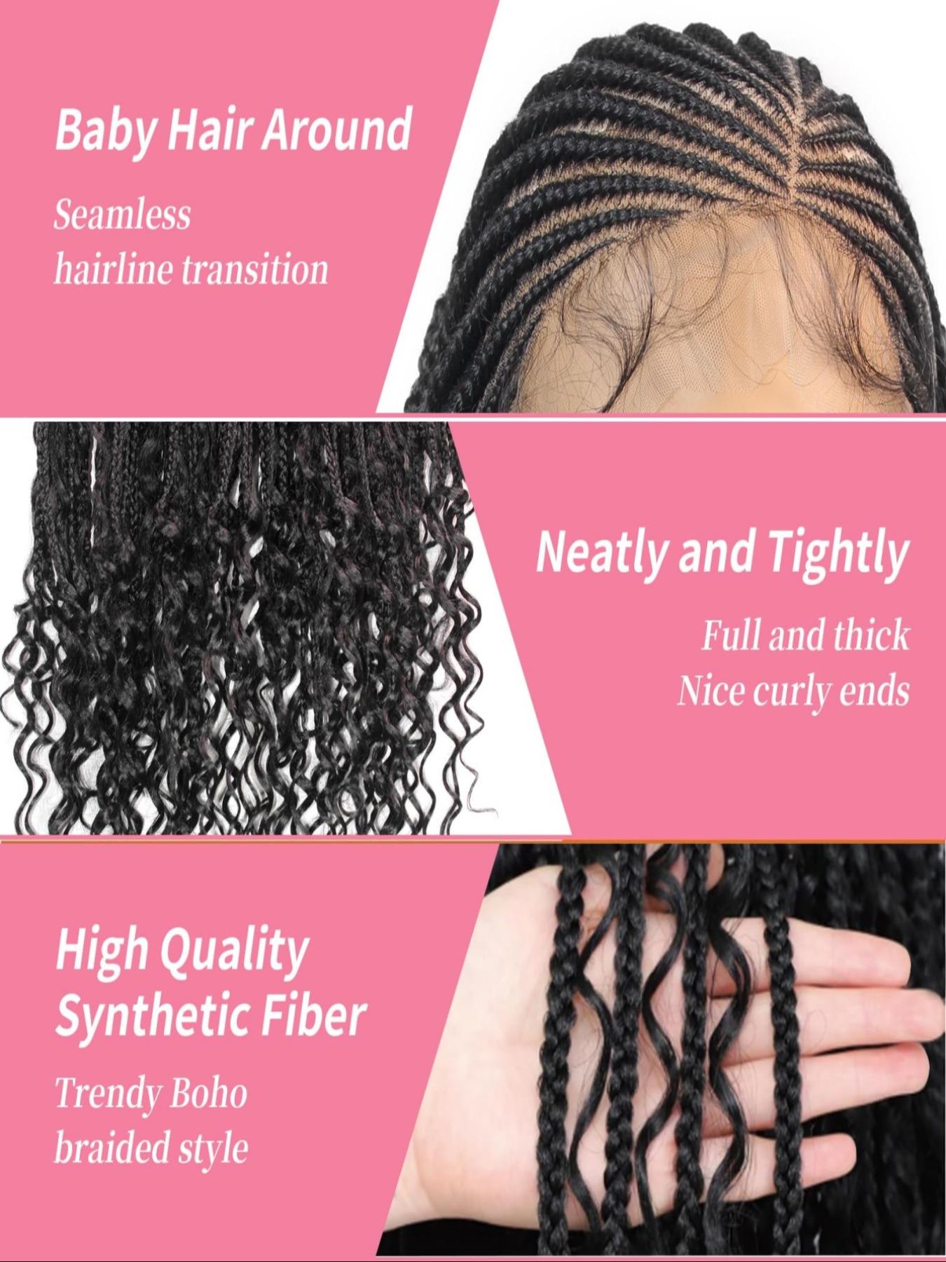 Boho Style 36 Inch Braided Wigs for Women, HD Full Lace Side Part, Synthetic Heat Resistant Fiber, Handmade Braids for Daily Wear