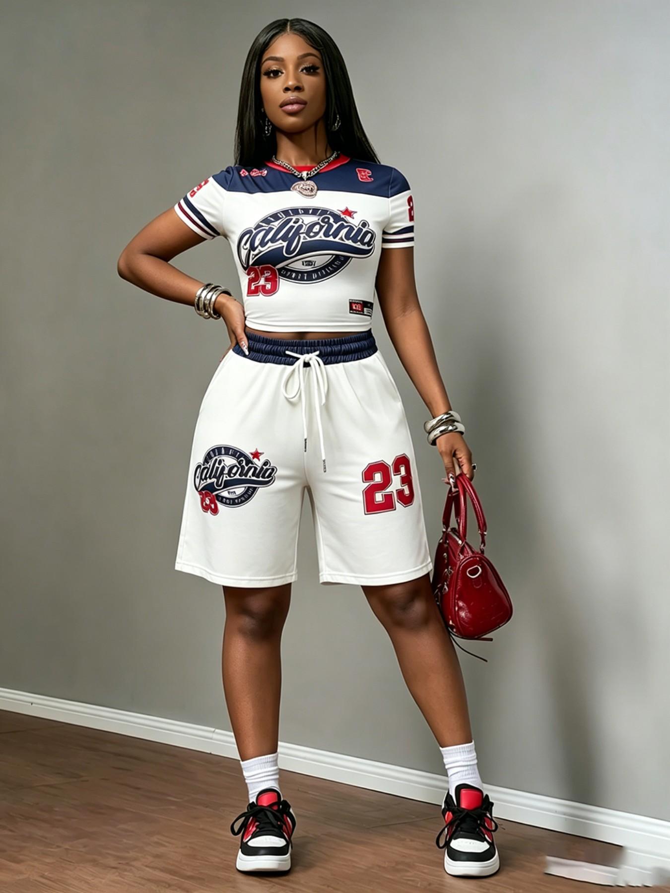 Y2K Slogan Print Two-Piece Activewear Set, Short Crop Top & Loose Shorts, Sporty Streetwear