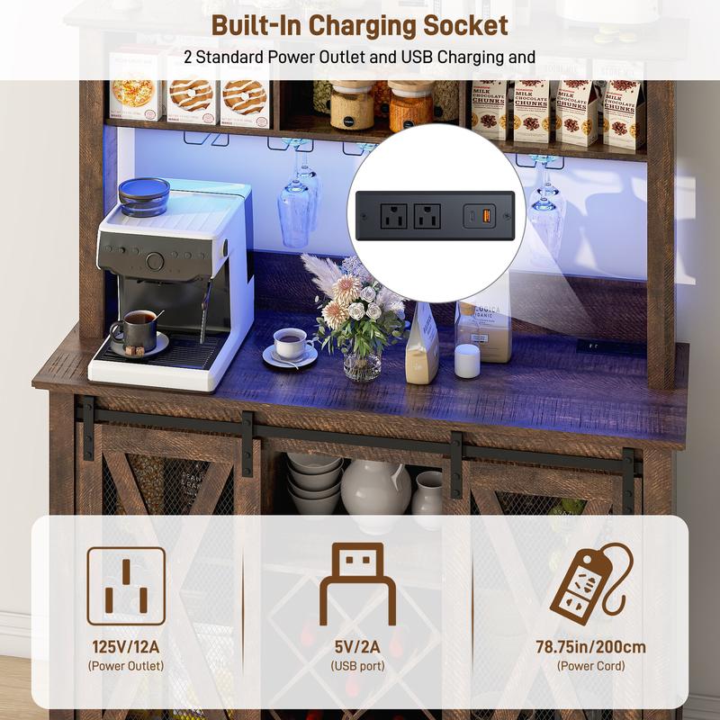 63"W/47"W/31.5"W Farmhouse Coffee Bar Cabinet with LED Light,Wine Bar Cabinet w/ Tier Storage Hutch,Kitchen Buffet Cabinet w/Sliding Barn Door & Wine and Glass Racks for Kitchen Dining Room(Brown/Antique White/Dark Rustic Oak)