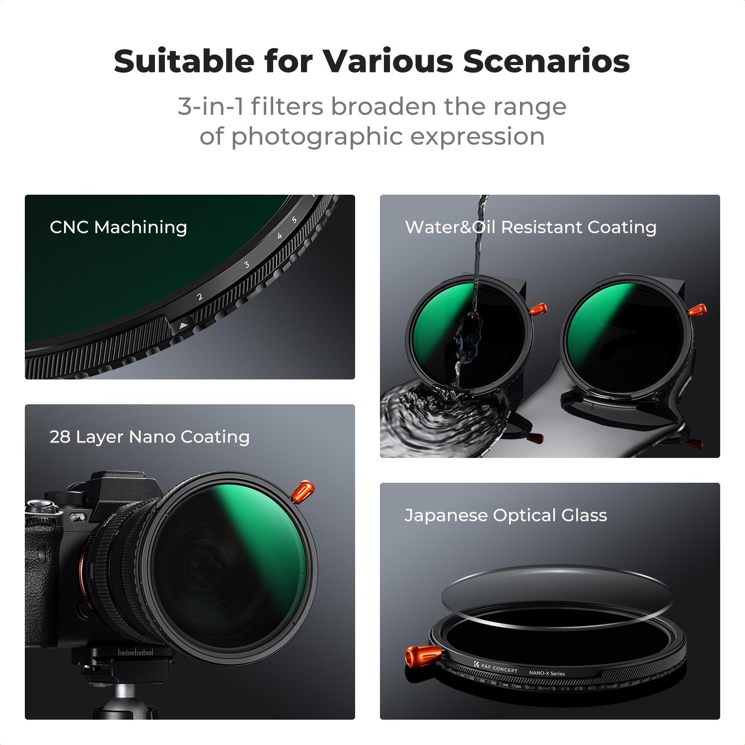 [K&F CONCEPT] Black Diffusion Mist Effect 1/4 & Variable ND2-32(1-5 Stops) & Circular Polarizing Filter CPL-in 1 HD Lens Filter with 28 Multi-Coated for Camera Lenses (Nano-X Series)