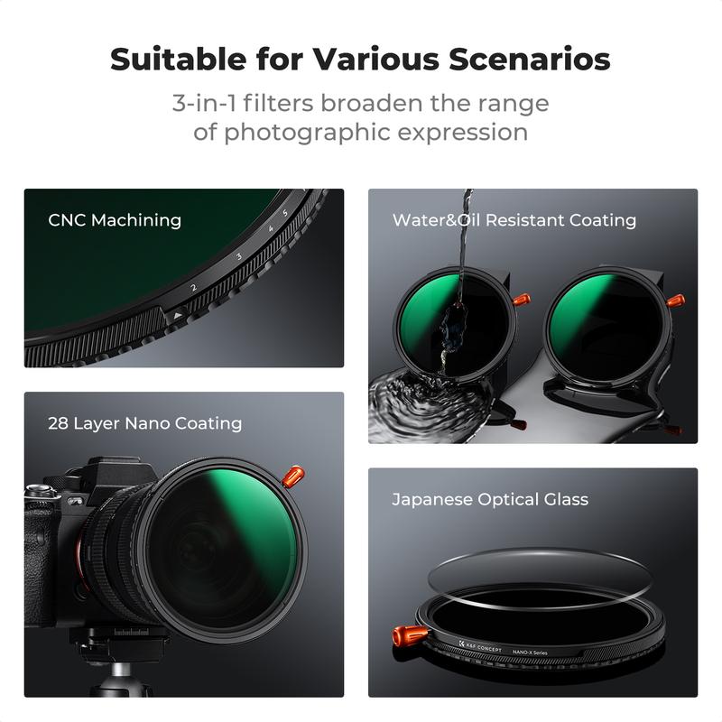 [K&F CONCEPT] Black Diffusion Mist Effect 1/4 & Variable ND2-32(1-5 Stops) & Circular Polarizing Filter CPL-in 1 HD Lens Filter with 28 Multi-Coated for Camera Lenses (Nano-X Series)