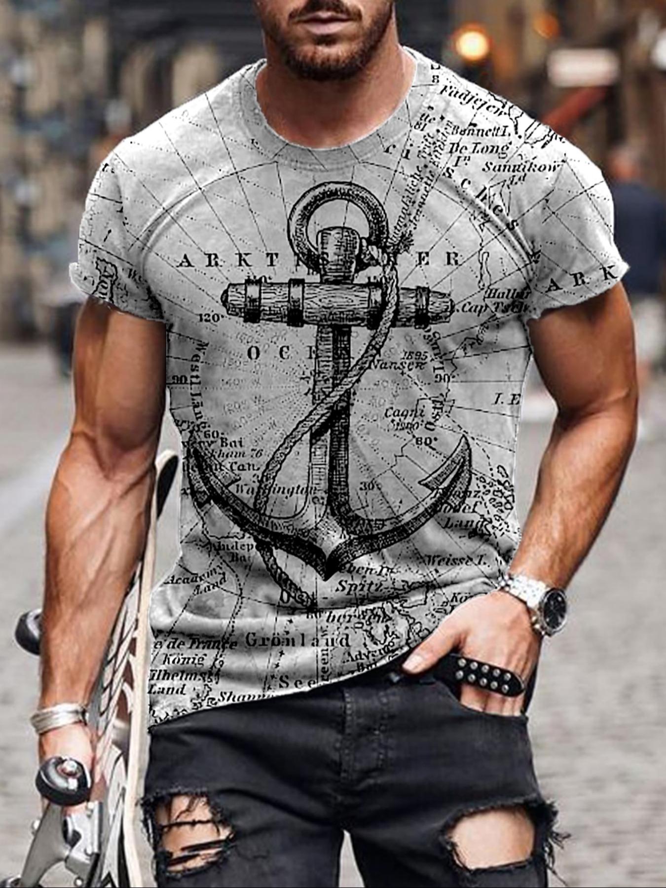 Men's Letter & Anchor Print Round Neck Tee, Summer Clothes Casual Regular Fit Short Sleeve T-Shirt for Summer, Mens Clothes for Daily Wear