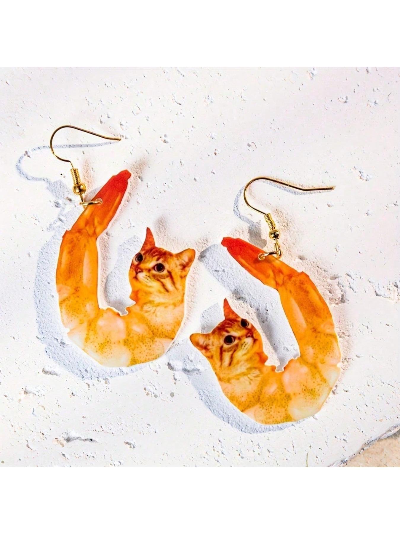 a pair of acrylic pendant earrings, cat shaped shrimp earrings - bright orange yellow pendant earrings, lightweight holiday women's jewelry, beach party and carnival gifts, tropical style earrings, vacation accessories