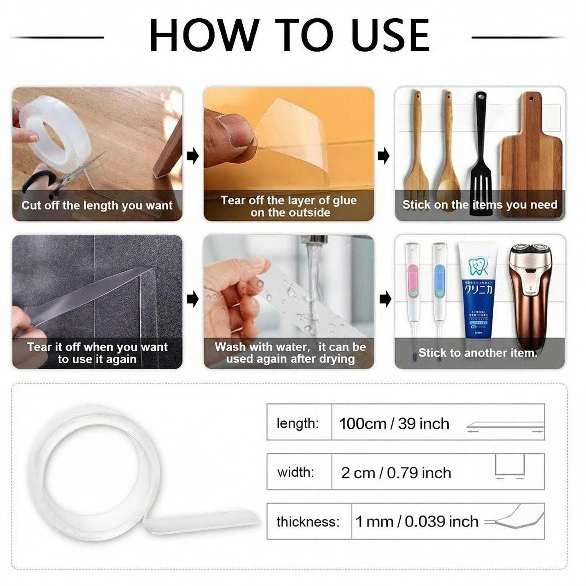 Washable Removable Double Sided Tape, No Drill Wall Decor & Photo Hanging Strips, Strong Hold Adhesive for Kitchen Cabinet Tile Glass Metal, Carpet Anti-Slip Tape, Office Home Decoration Fixing Solution