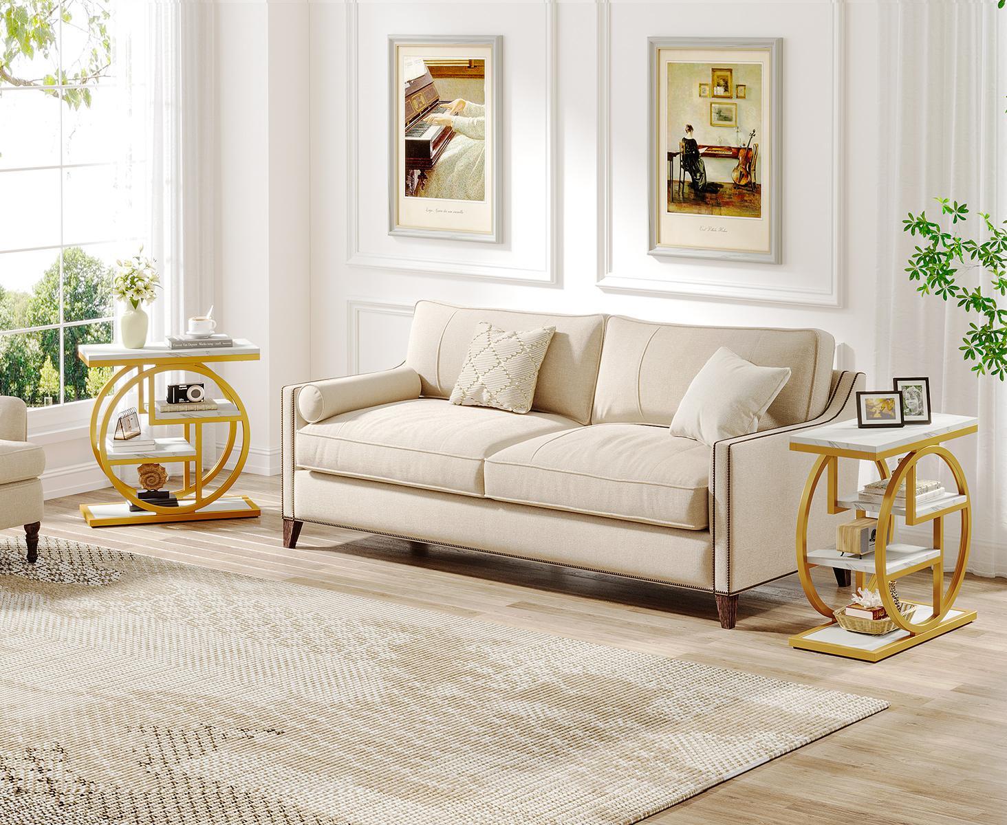 LITTLE TREE End Table for Living Room, Modern Faux Marble Narrow Side Table with Storage Shelves, 4-Tier Bedside Table for Bedroom, Small Sofa Side Table with Geometric Metal Frame circle base LITTLE TREE End Table for Living Room, Modern Faux Marble Narrow Side Table with Storage Shelves, 4-Tier Bedside Table for Bedroom, Small Sofa Side Table with Geometric Metal Frame circle base