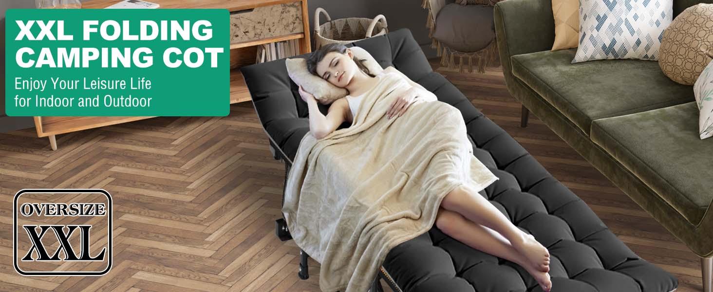 Lilypelle Oversized XXL Folding Camping Cot, 75" L x 28" W x 14"H / 78" L x 32" W x 18"H Heavy Duty Sleeping Cots w/Carry Bag, Up to 990LBS, Druable Triangular Construction, Double Layer Oxford Portable Travel Camp Cots