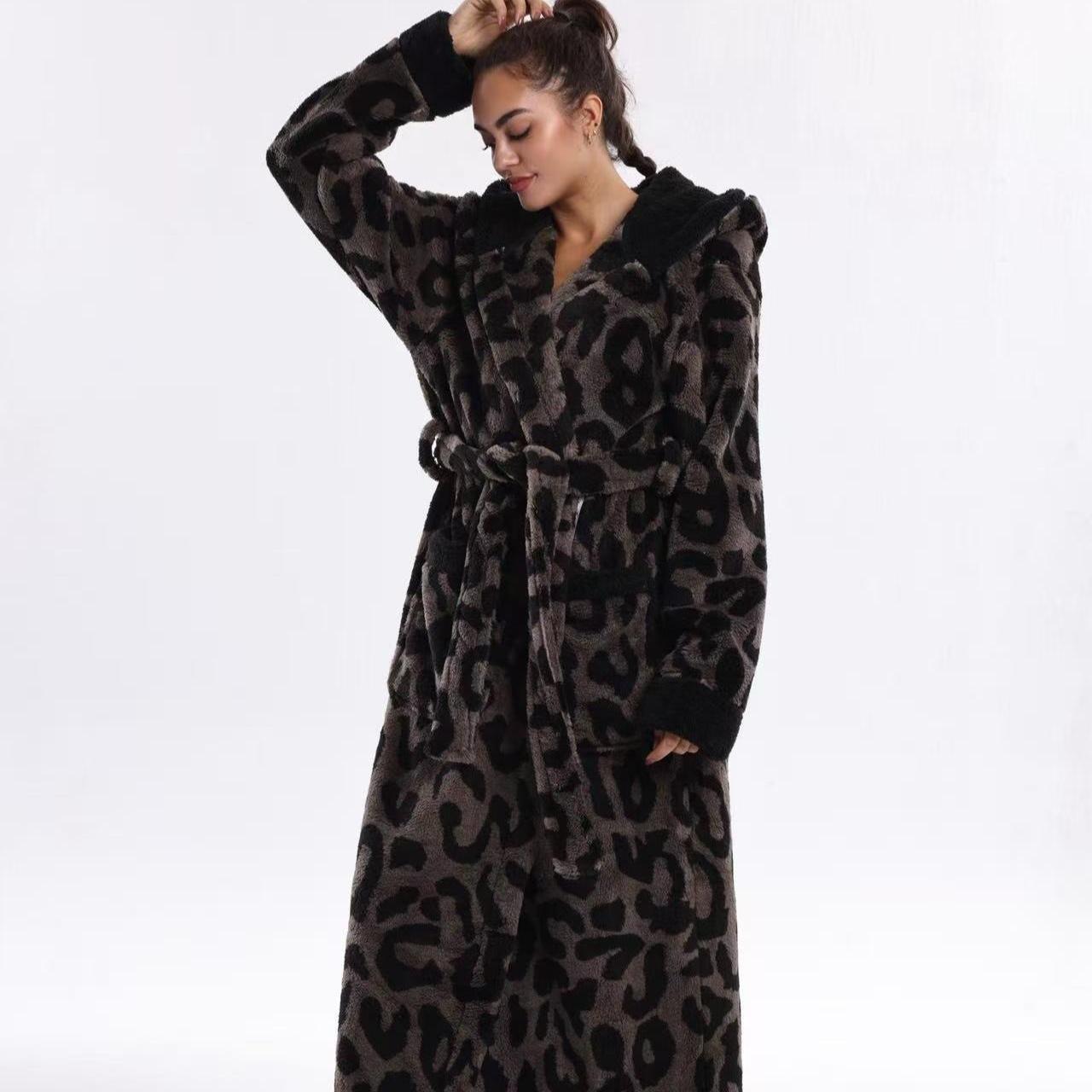 European Elegant Coffee Leopard Print Flannel Bathrobe Loungewear Nightwear, Hooded with Belt and Pockets, Unisex Fit, Soft and Comfortable