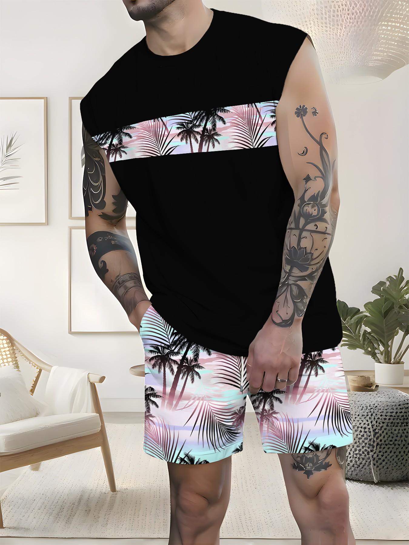 Men's Tropical Palm Tree Print Sleeveless Tank Top & Drawstring Shorts Set Summer Beach Casual Two Piece Outfit Streetwear Co Ord Set Suits