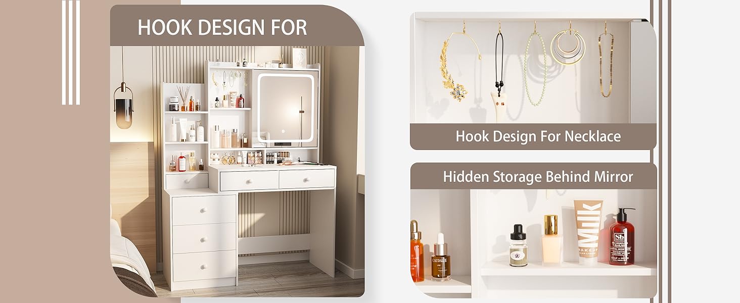 Vabches Vanity Makeup Mirror Desk, Makeup Vanity with 6 Drawers and Shelves,Vanity Table with Power Strip,Vanity Mirror 3 Lighting Color Adjustable Vabches Vanity Makeup Mirror Desk, Makeup Vanity with 6 Drawers and Shelves,Vanity Table with Power Strip,Vanity Mirror 3 Lighting Color Adjustable