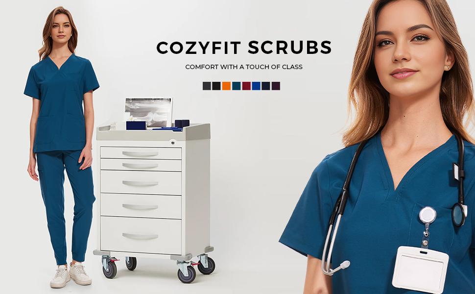 Cozyfit Medical Scrubs for Women Clara Air Set - Curved V-Neck Scrub Top & Jogger Pants with 8 Pockets Clothes Workwear Womenswear SpringStatements