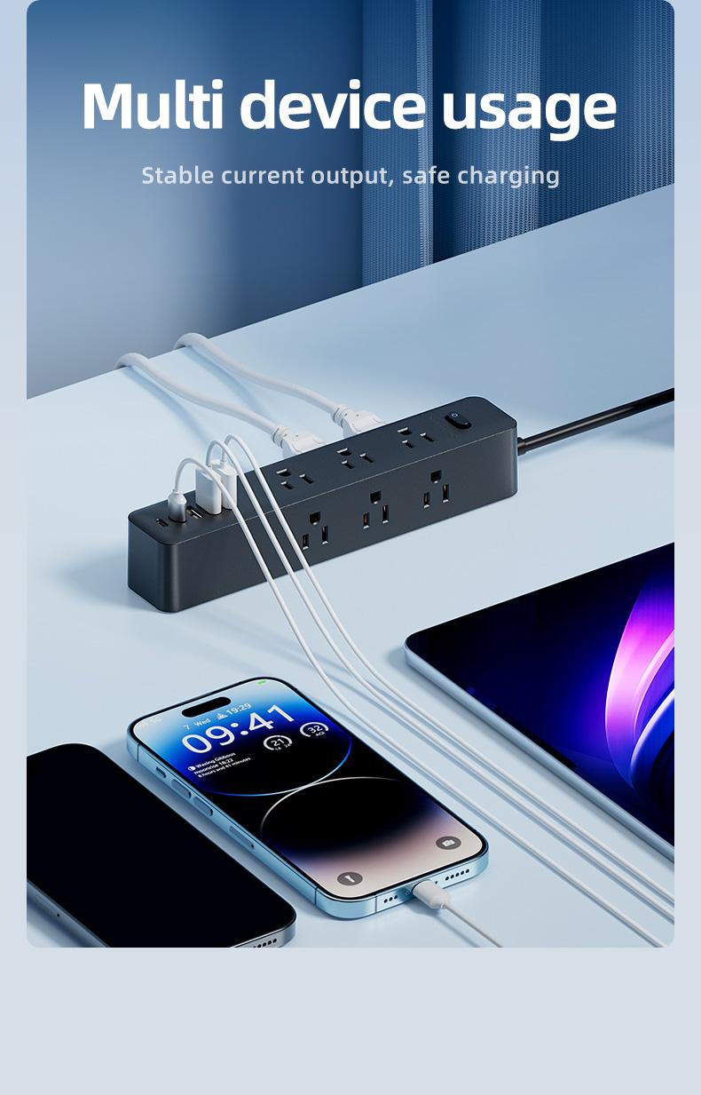 Surge Protector Outlet, 9 Ac Sockets, 3 USB Ports, 2 Type-C, Wall Mountable, Overload Protection, /, Versatile Use
