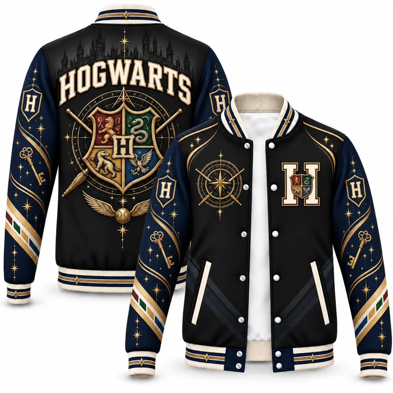 Women's Harry Potter Hogwarts Crest Varsity Jacket, 4 Houses Graphic Snap-Button Long-Sleeve Outerwear, Black-Navy-Gold Letterman Coat