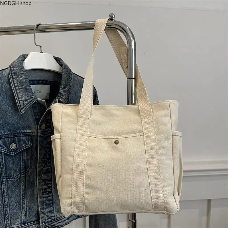 Large Canvas Tote Bag with Pockets for Women Men, Aesthetic Aesthetic School Bookbag Daily Shoulder Purse with Side Pockets for Water Bottle, Heavy Duty Cotton Satchel for College Work Travel, Beige