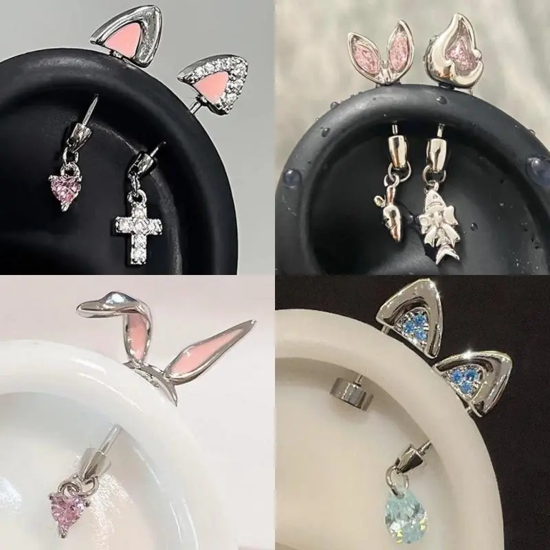Women's Silver Zircon Stones Drop Earrings, Stainless Steel Ear Bone Nail Jewelry with Animal Ear Accents, Female Daily Wear Body Piercing Accessory, Animal Ear Accents Earrings, One-Piece