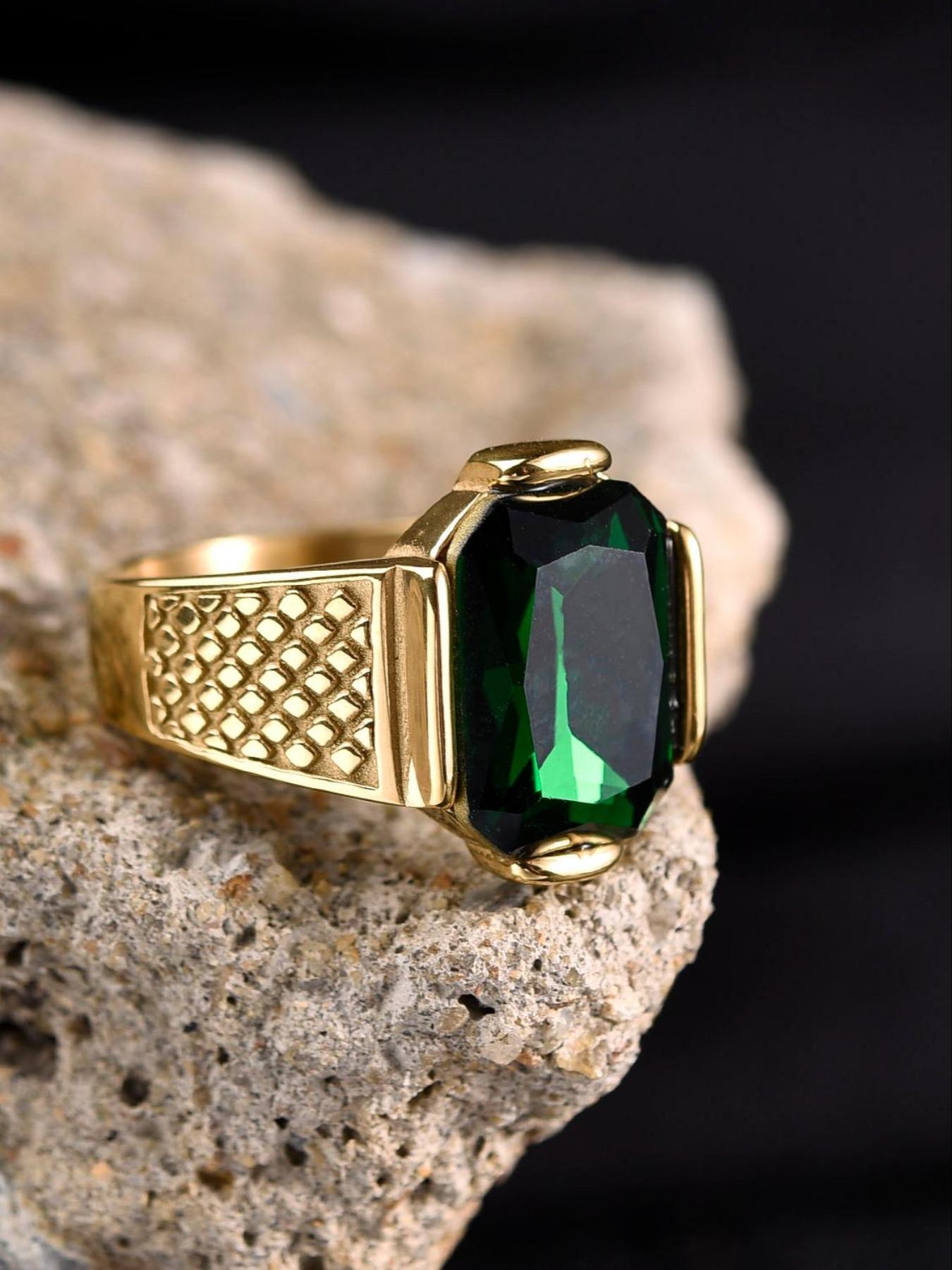 Business Style Men's Blue Ring, 316L Stainless Steel, 18K Gold Plated, Inlaid with Rectangle Agate