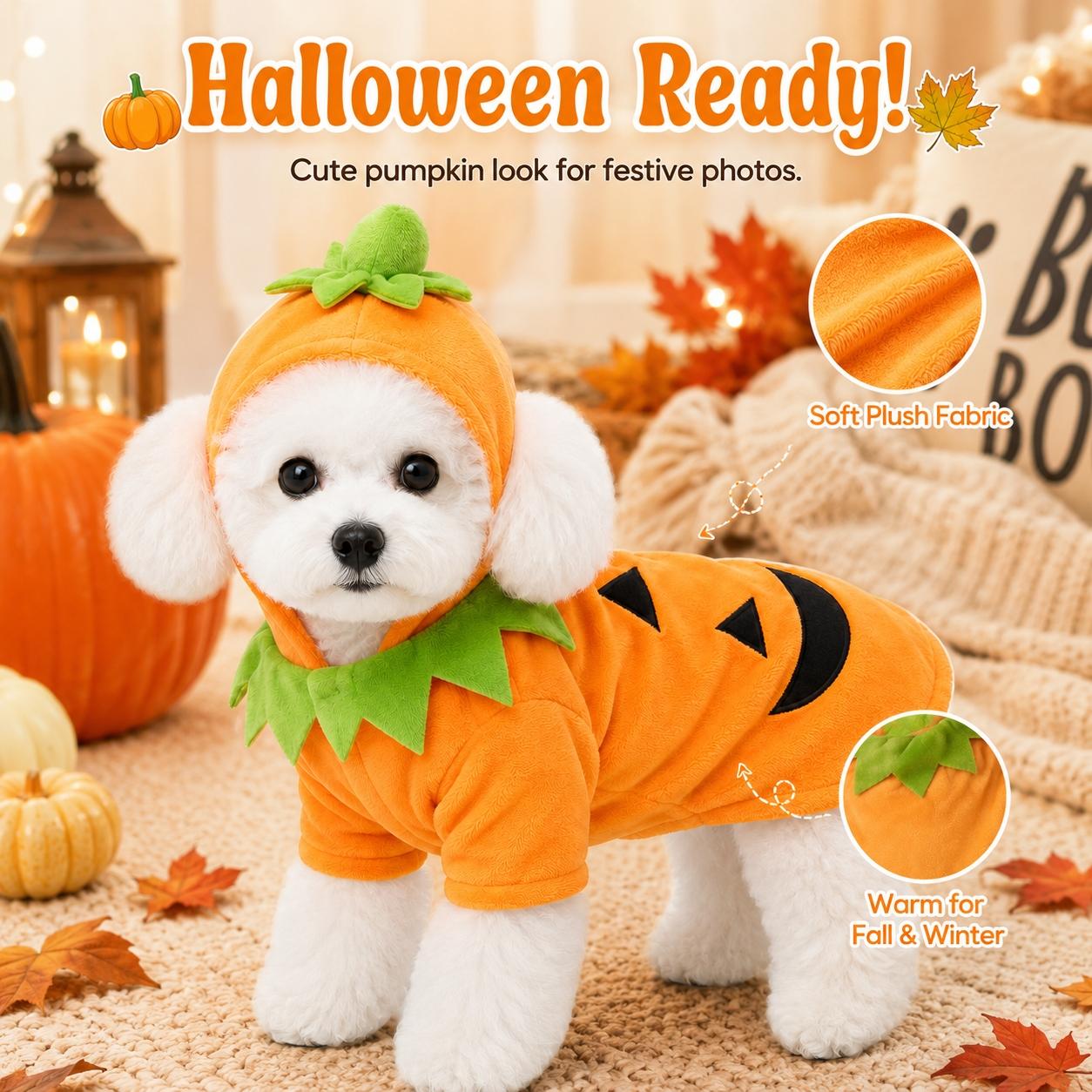 Cute Halloween Pet Pumpkin Costume, Animal Costume, Warm Fall Winter Coat for Dogs Cats, Hooded Cape, Soft Plush, Easy on Off, Festive Photo Prop
