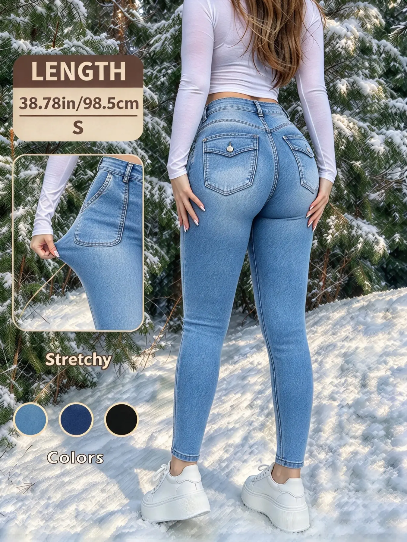 Elastic Waist High-Rise Denim Long Pants, Pocket Design, Slim-Fit Ankle-Length Jeans, Casual Style, Perfect for Daily Wear