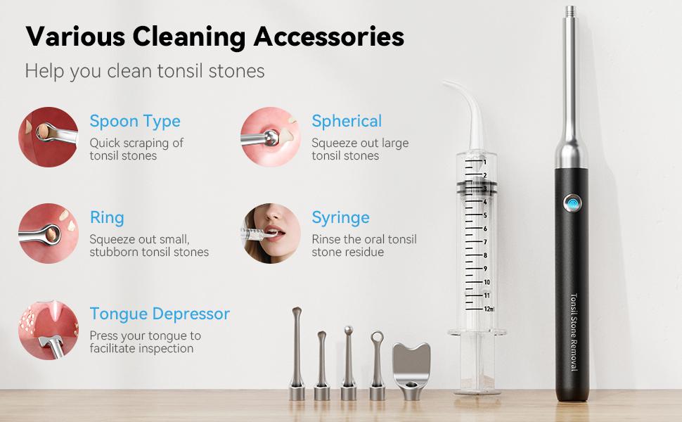 Tonsil Stone Remover Kit with Camera & Light - WiFi Connected for iOS/Android, 5 Attachments, Rechargeable (USB/Battery), Home Oral Care Tool