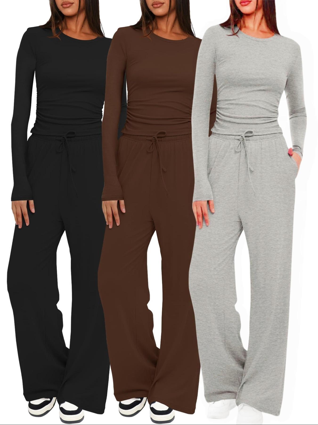 Women's 2-Piece/6-Piece Plain Slim-Fit Long Sleeve Top Pants Sleepwear Set, Pajama Set, Soft Comfortable Homeewear, Home Leisure Wear, Casual Yoga Wear, Loungewear, Loungewear Nightwear Set