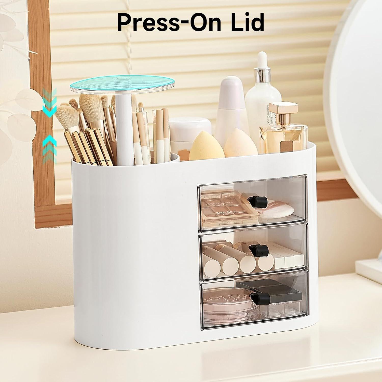Makeup Organizer with Pop-Up Brush Holder for Dresser , Plastic Bathroom Counter Organizer with 3 Drawers & Dust-Proof Cover,  Display Case for Lipstick, Skincare, White