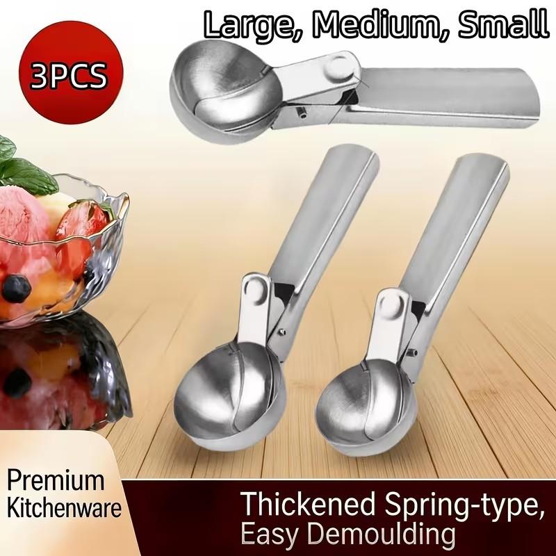 3 piece Food-Grade Stainless Steel Ice Cream Scoop Baller, Dual-Purpose for Commercial & Home Use, Special Tool for Watermelon Fruit Ice Cream, Professional Design Comfortable Grip, Kitchen Baking Dessert Shop Tool