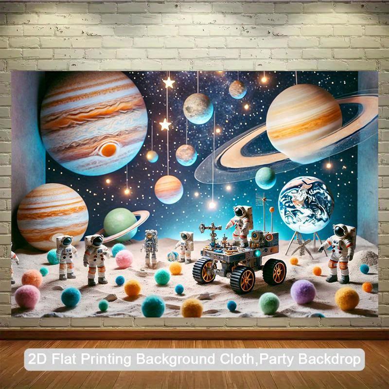 2D flat banner 1PC astronaut space exploration background fabric - Jupiter, Saturn robots and stars - deep blue space scenes, suitable for birthday parties, studios, classrooms, home decoration - durable polyester fabric indoor hanging painting - tc