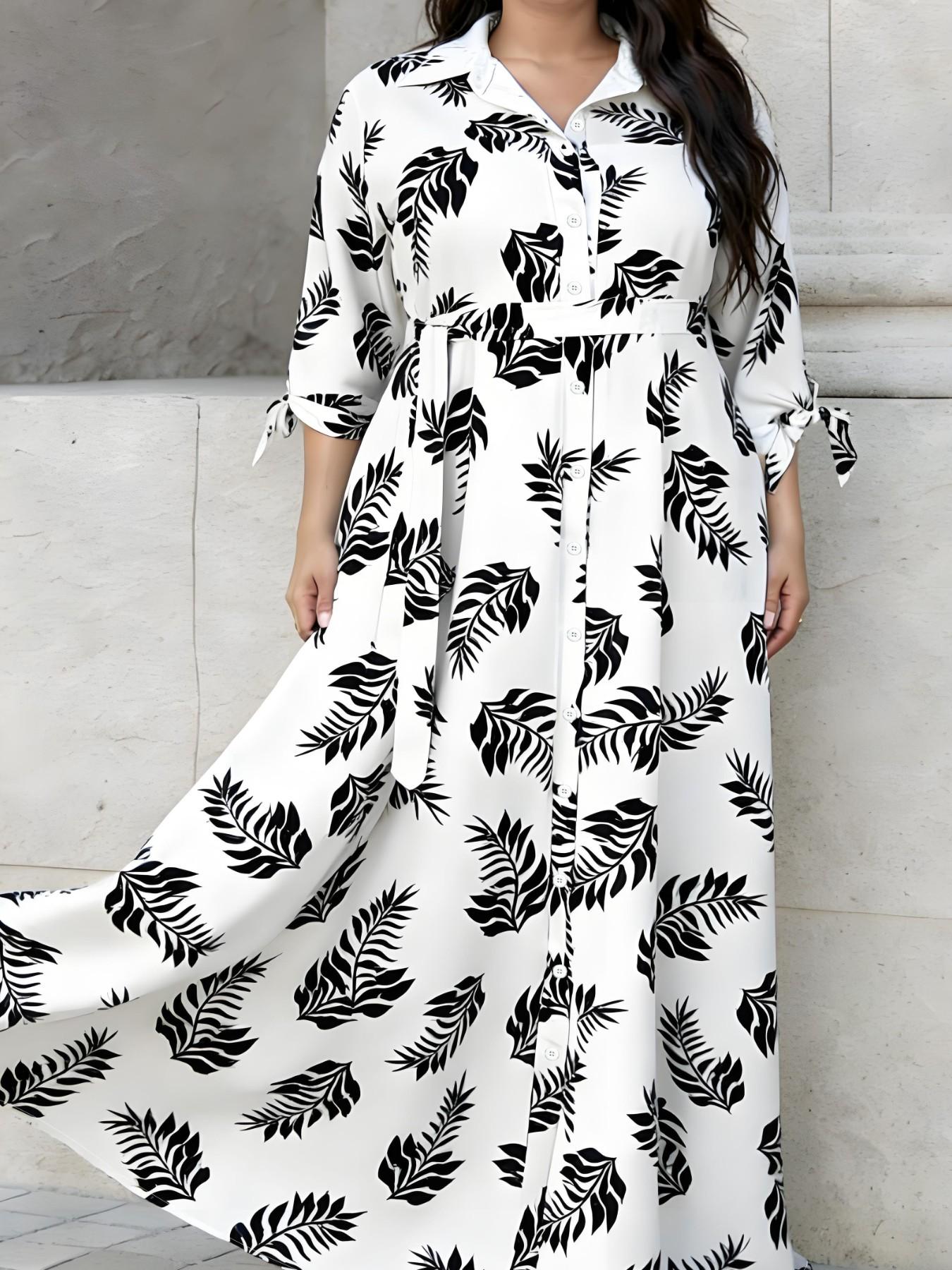 Plus Size Polka Dot Print Belted Button Front Shirt Dress, Elegant 3/4 Sleeve Tie Front High Waist Long Dress for Vacation Holiday Party, Women's Clothes for Summer