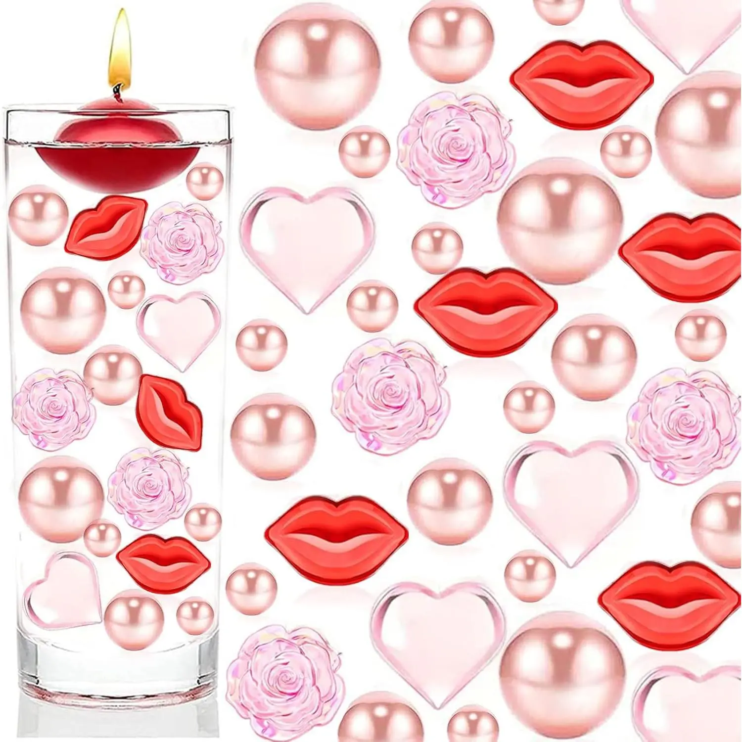 116 count Valentine's Vases Fillers, Rose/Red Lip/Heart Shaped Beads Set Plastic Vases Fillers Vases Beads Valentine's Wedding  Party Table Decor Centerpieces