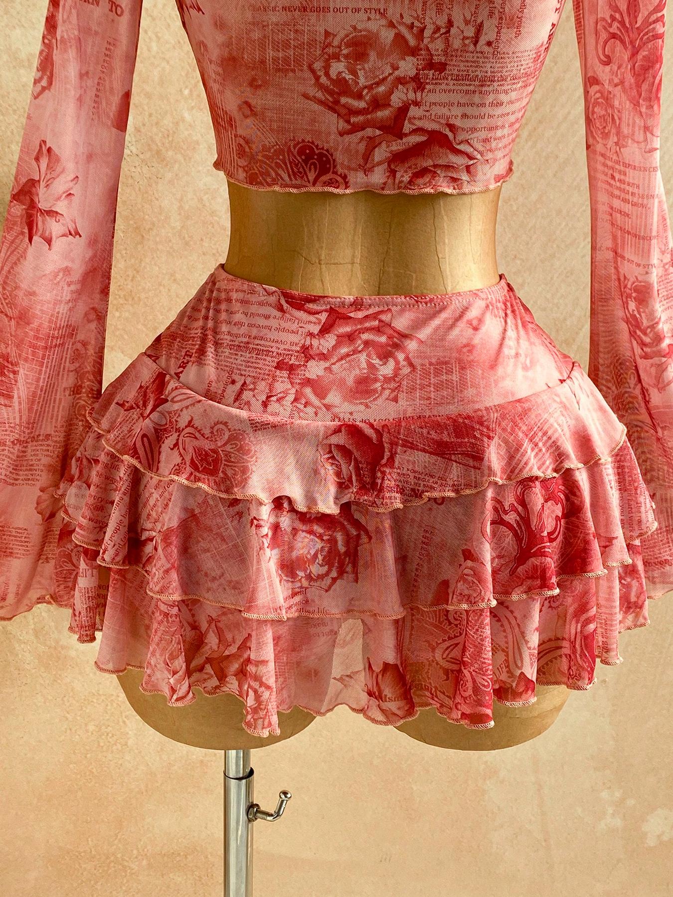 2 Piece Women's Floral Print Mesh Long Sleeve Tie Front Top and Ruffle Mini Skirt Set, Summer Beach Outfit, Fashion Clothing Set