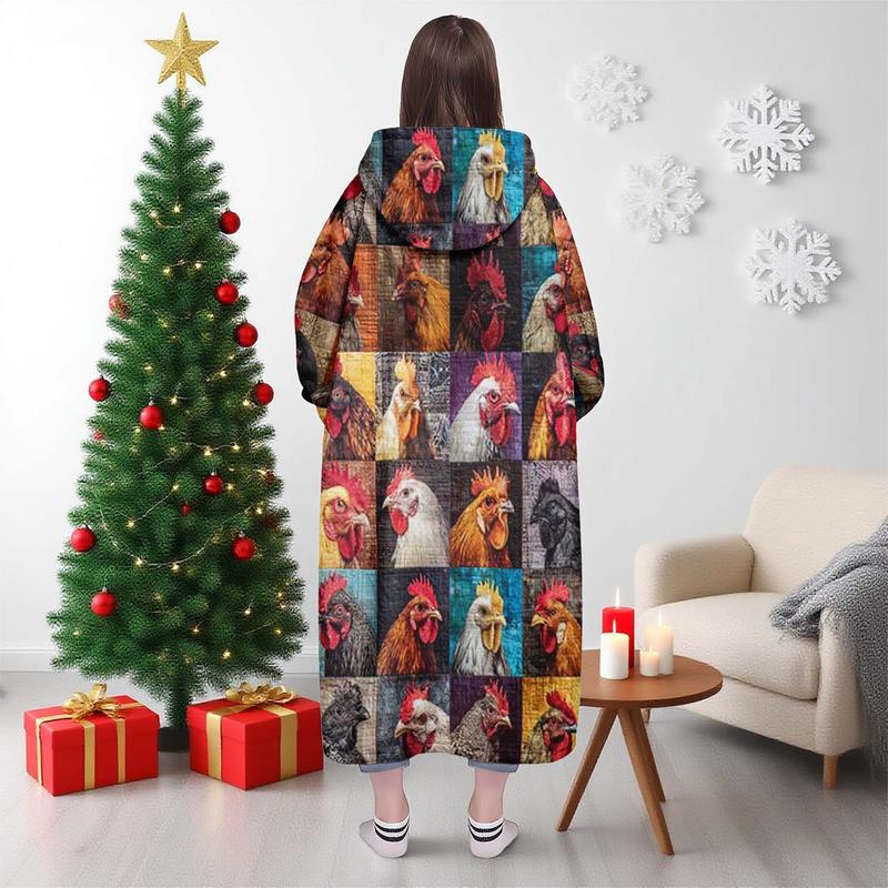 hoodie blanket，Wearable Blanket，Hooded Blanket Wearable Throw, Farm Patchwork Rooster Print Hoodie Blanket, Soft Warm Flannel Blanket for Sofa Home Leisure Air Conditioning Nap Office Bed Camping Travel Gift，Christmas Gift,Valentine's Day gift