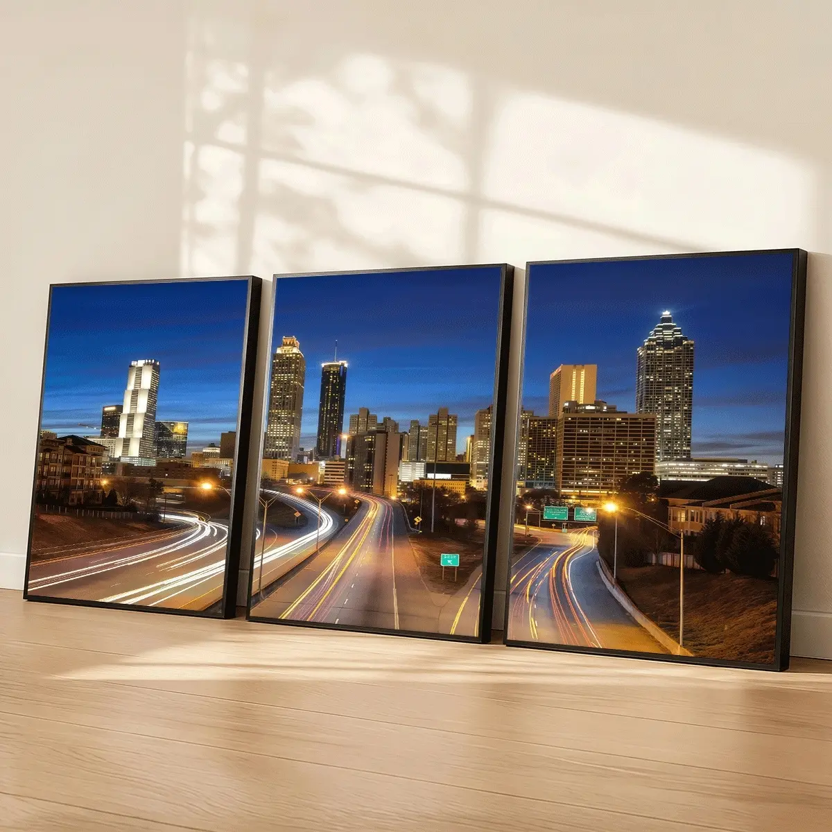3Pcs PS Frame Art Painting, Atlanta City Skyline Night View, Modern Frame, Home Decor For Living Room, Hallway Wall Decor, Christmas And Halloween Gifts, Print Artwork, Wall Art Framed, Luxury Perfect Gift For Friends And Family.