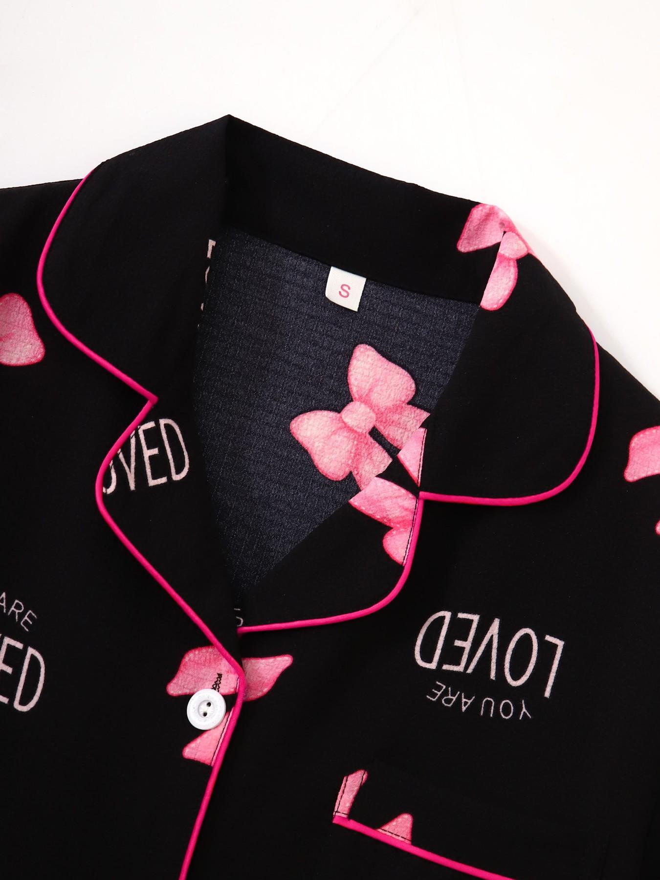 Women's Short Sleeve Button Down Top and Shorts Pajama Set, Spring Summer Wear, For Korean Aesthetic Bloggers, Black Base Pink Bow & LOVED Letter Print, Classic Lapel Collar, Loose H Fit, Comfortable For Home & Daily Wear