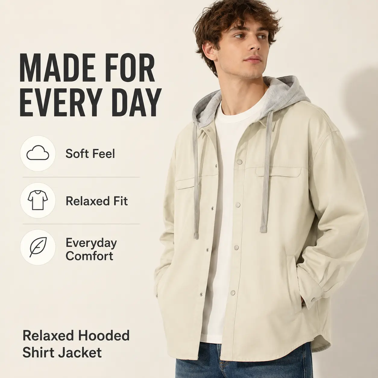 Unisex Hooded Snap Button Shirt Jacket Relaxed Fit Shacket Drawstring Hood Dual Chest Pockets Long Sleeve Casual Streetwear Overshirt