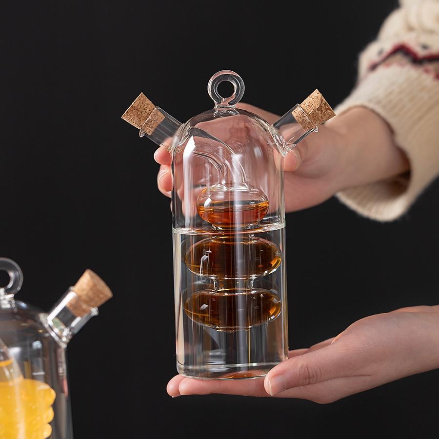 2-In-1 Glass Olive Oil & Vinegar Dispenser with Cork Stopper, Transparent Kitchen Cooking Container, Dual Nozzle Design, Kitchen Essentials
