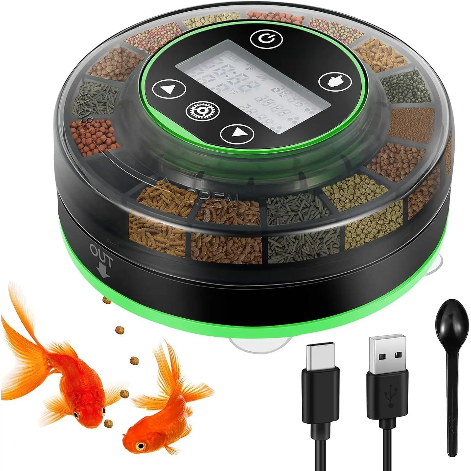 Rechargeable Automatic Aquarium Fish Feeder - Moisture-Proof Precision Model, USB Charging, Timer, LCD Display, 15 Individual Meals, 16 Compartments, Customized Times, Energy and Cost Saving for Betta, All Fish Tanks, Daily Feeding, Aquarium Purifier