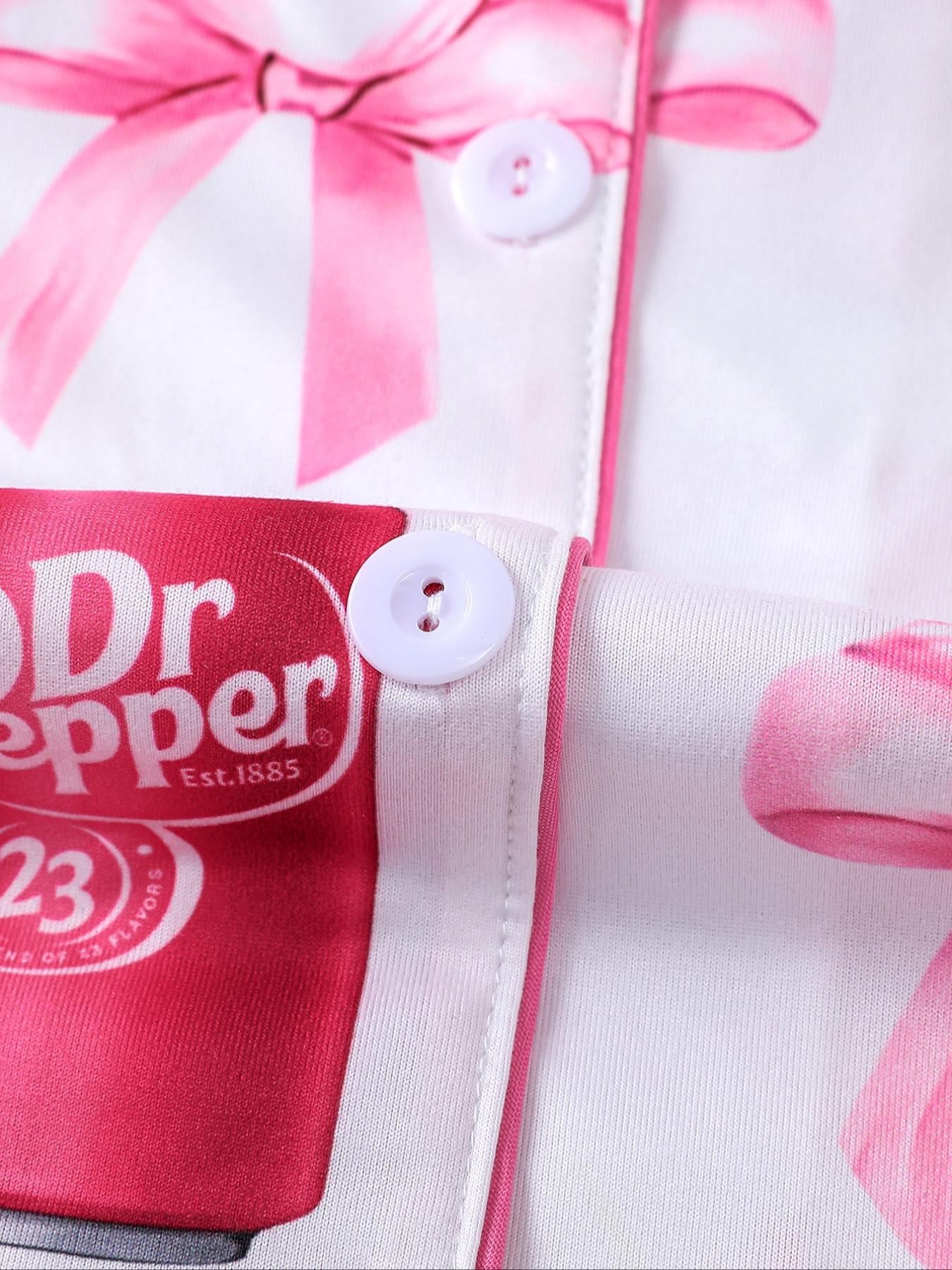 Dr Pepper,Women's Fall Winter Home Set, Soda Pattern Printed Sleepwear, Shirt Collar Button Long Sleeve Top and Loose Elastic Pants, Pajama Set