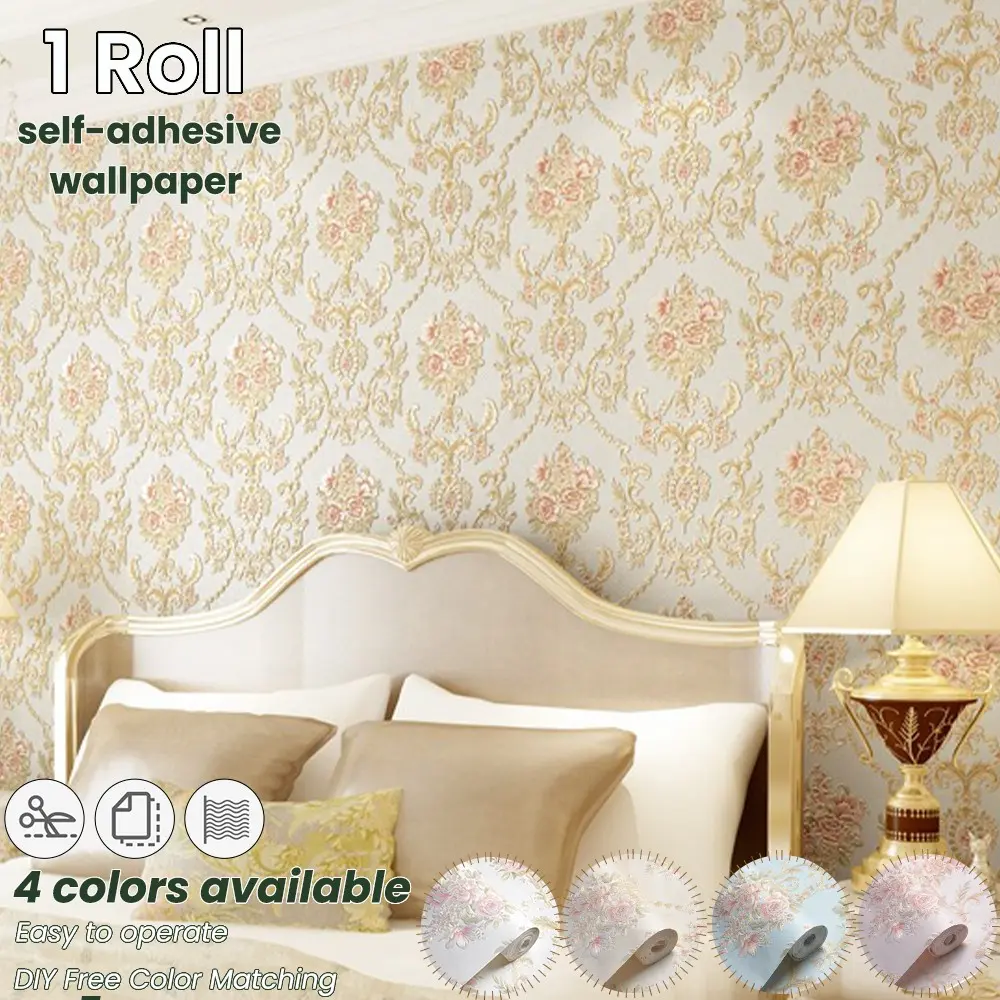 Luxurious European 3D Floral Wallpaper, Self-Adhesive, Vintage Style, Non-Woven Material, Multiple Colors, Ideal for Living Room, Bedroom, Furniture Renovation