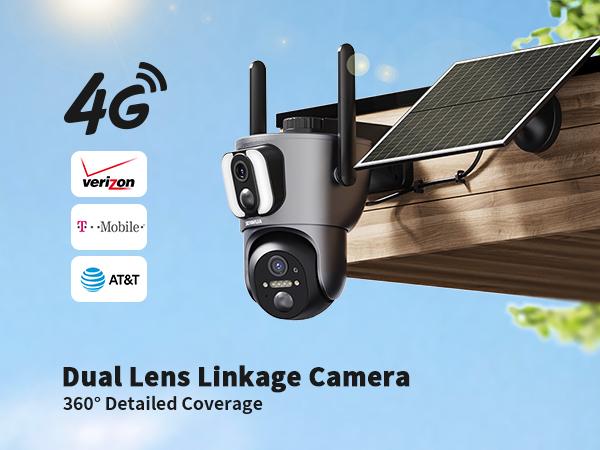 [TikTokShopBlackFriday]4G LTE Cellular Security Camera, Dual Lens Linkage Solar Powered Security Camera Wireless Outdoor, 2K 360° View Dual Screen Dual Camera, Color Night Vision, Two-Way Audio, IP65 Waterproof
