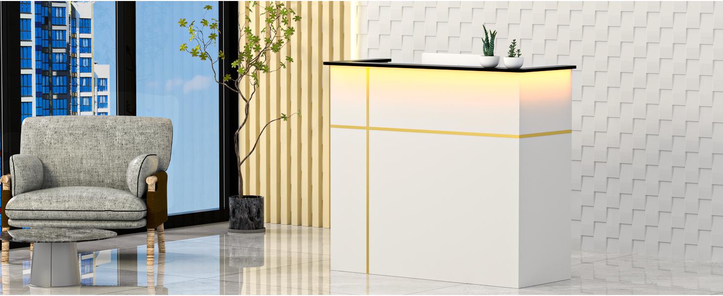 AHB Reception Desk with Counter, Modern Front Table Equipped Lockers & Storage Shelves, 50-inch Checkout Counter with LED Lights & DIY Stripe for Lobbies, Salons, Retail, Home Offices, Reception Room