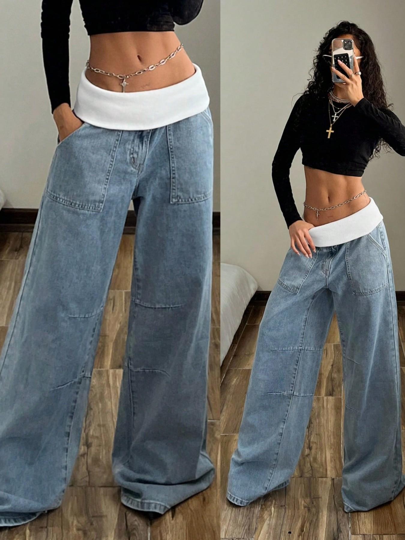 Women's Elastic Waist Oversize Loose Jeans, Four-Season Street Style Wide Leg Pants with Pockets, Casual Y2K Fashion for Outdoor Wear Bottoms, Streetwear