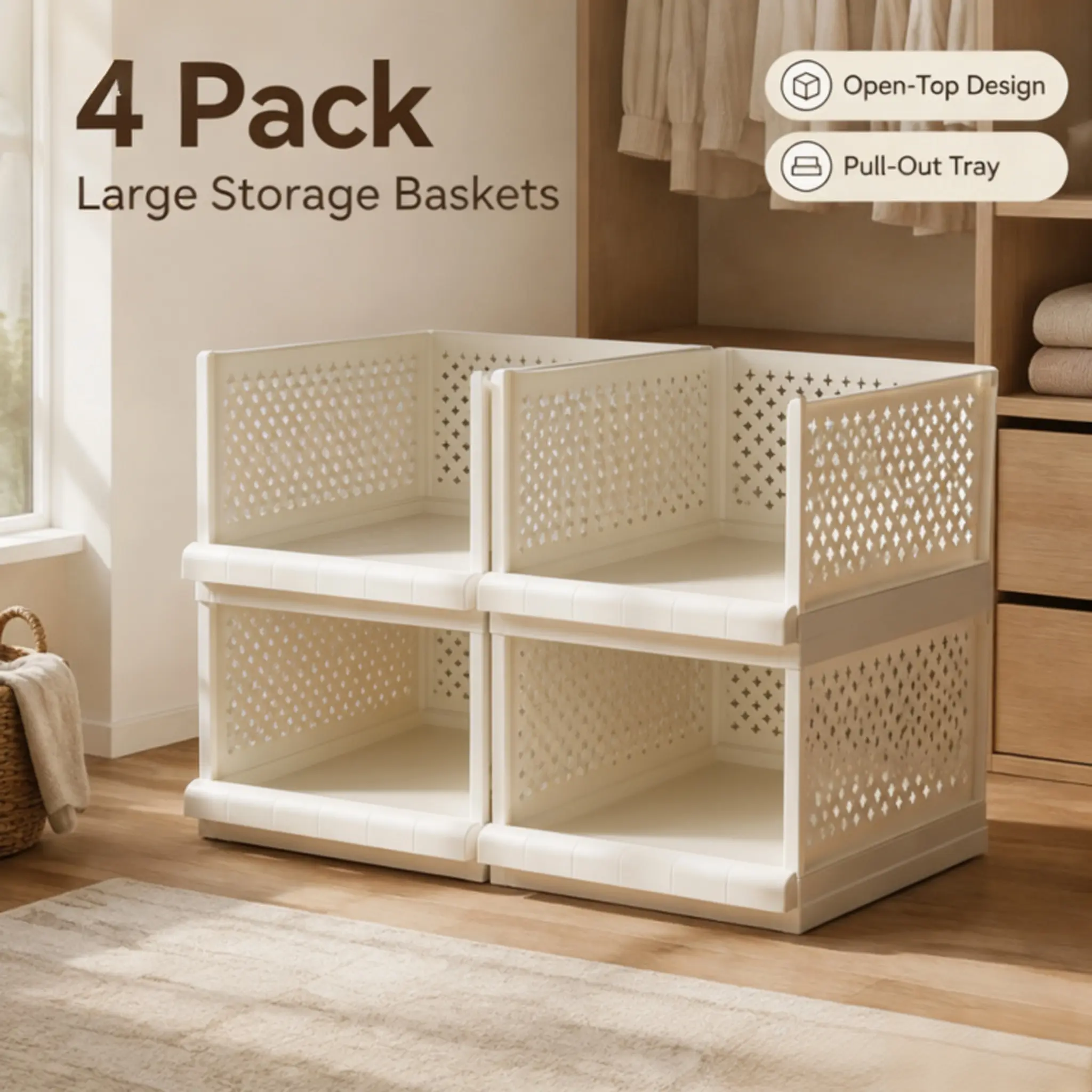 4-Pack Large Cap Modern Closet Organizer Storage Boxes - Hollow, Lightweight Ventilated Plastic Bins with Pull-Out Drawer, Stackable Household Containers for Wardrobe Shelves, Laundry Organization