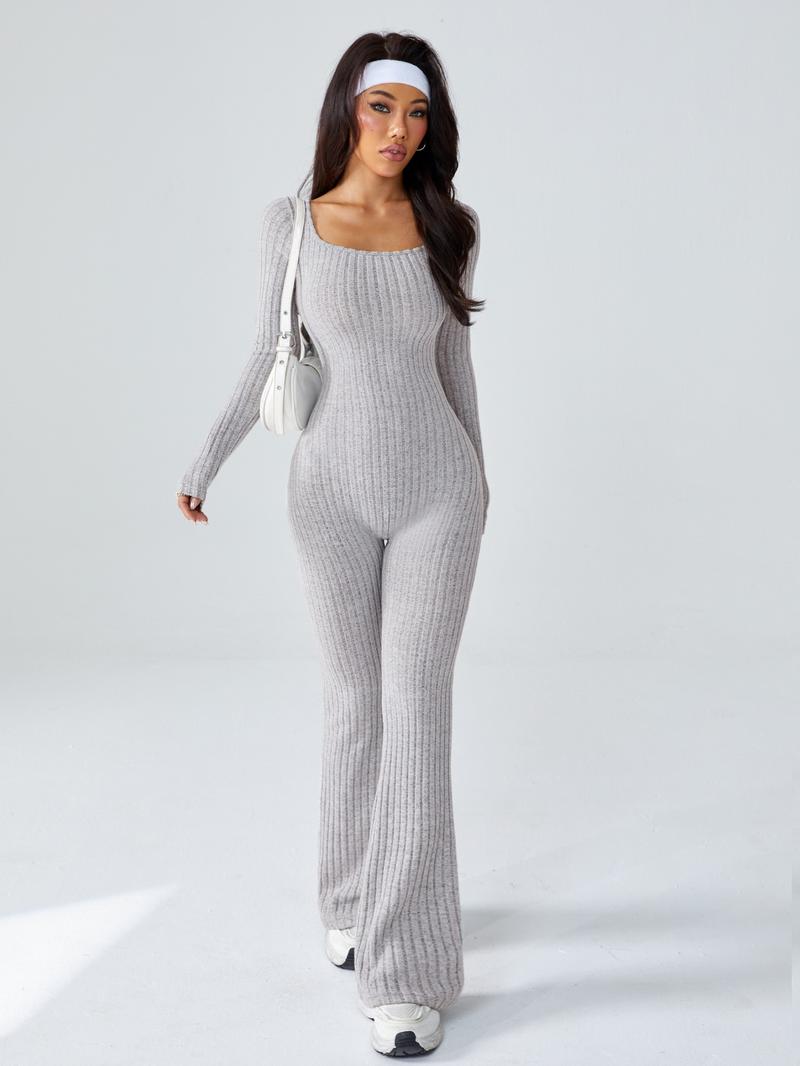 Women's Sporty U-Neck Long Sleeve Yoga Jumpsuit, Slim-Fit Below Knee Knitted Romper for All Seasons, Casual Fashion Wear