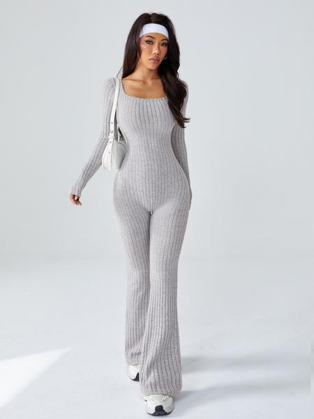 Women's Sporty U-Neck Long Sleeve Yoga Jumpsuit, Sportswear Jumpsuits, Slim-Fit Knitted Jumpsuits for All Seasons, Casual Fashion Wear